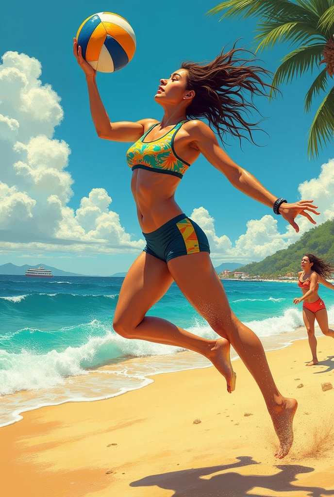 A drawing of a Brazilian woman on a beach playing volleyball