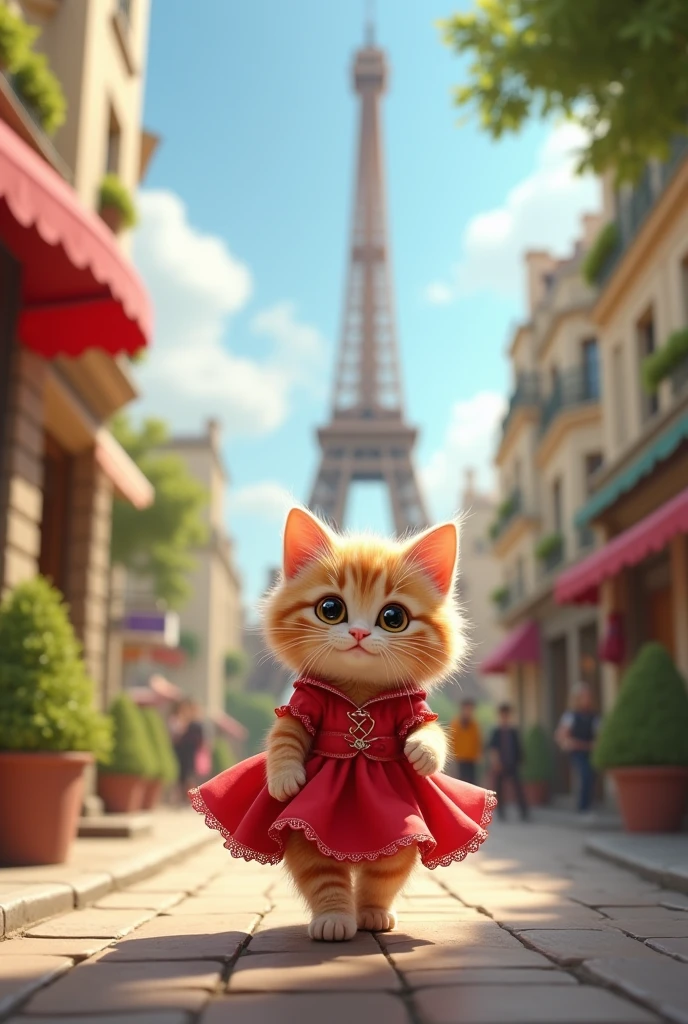 Now little cat with red dress walking in front of effiel tower