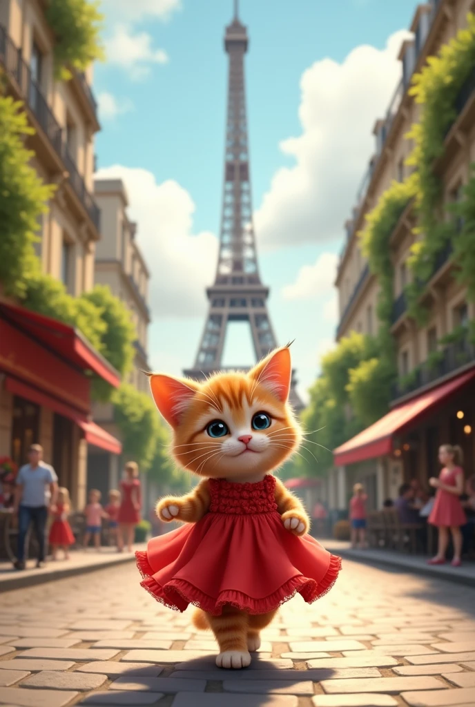 Now little cat with red dress walking in front of effiel tower