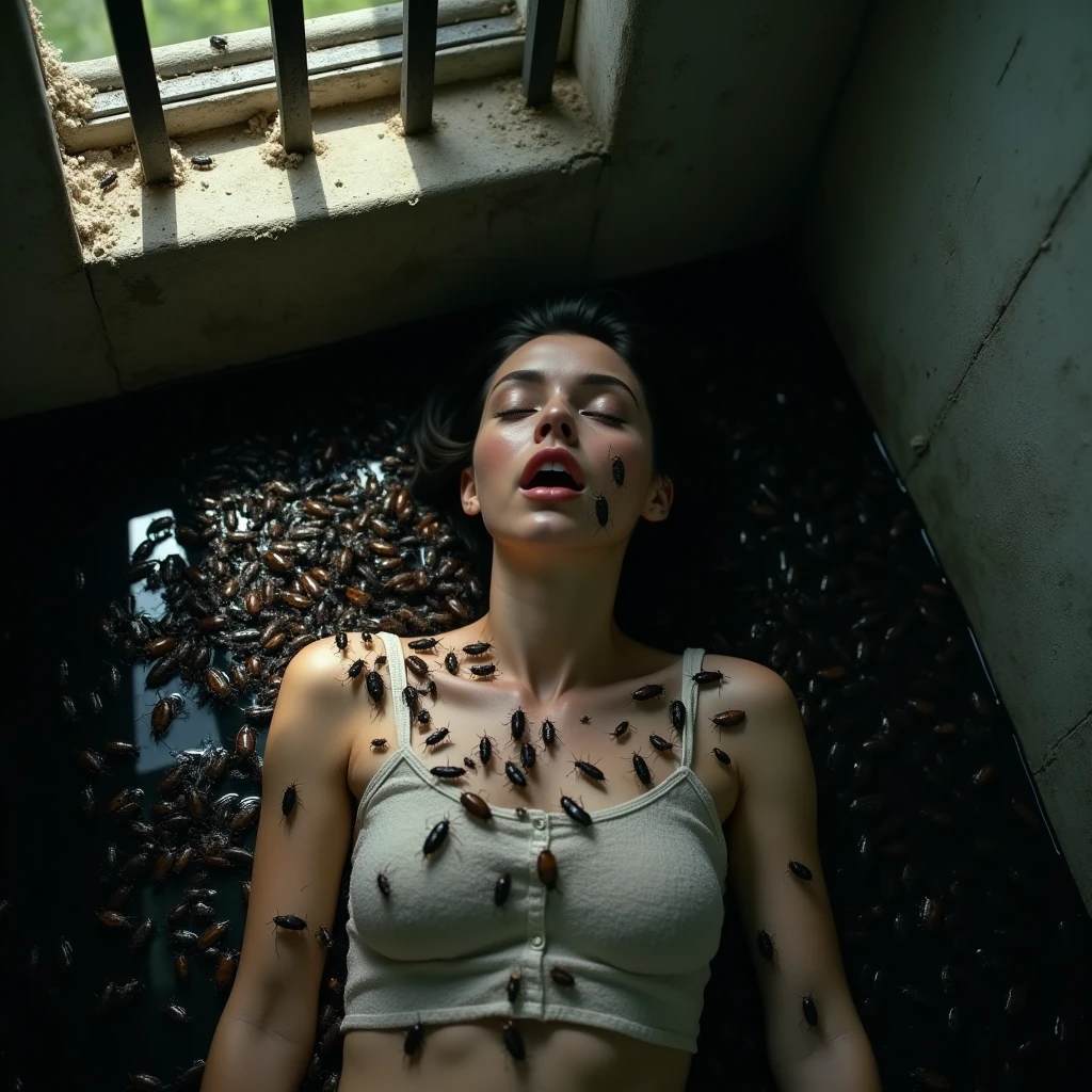 Realistic high angle shot of a flooded room full of black cockroaches, in the middle of the room half buried in cockroaches,Emerging from among the cockroaches a European woman looking up at the ceiling with open arms, very light skin, His mouth is open and his eyes are closed. Cockroaches are crawling on his body and eyes., claustrophobic image, Sunlight enters through a grating in the roof, The light projects the shadow of the bars on the woman and the cockroaches. The room is gray cement with humidity, the atmosphere is sinister, distressing.