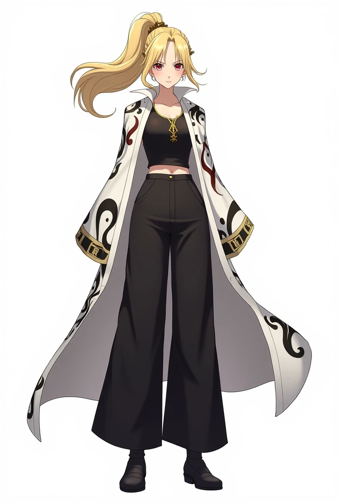 draw in anime style in full growth on a white background: a tall woman with blond hair, split bangs in 2 sides, and a 1 high ponytail. She wears a black tank top with gold detailing, and on top of the tank top is a white long cape with wide sleeves with black, white and red peacock feather detailing. She is also wearing black wide pants and black shoes. She also has a hairpin with a black, white and red peacock feather on her head. Her eyes are red and not big. She also has gold accessories on her head. Make her expression serious or in a dynamic pose