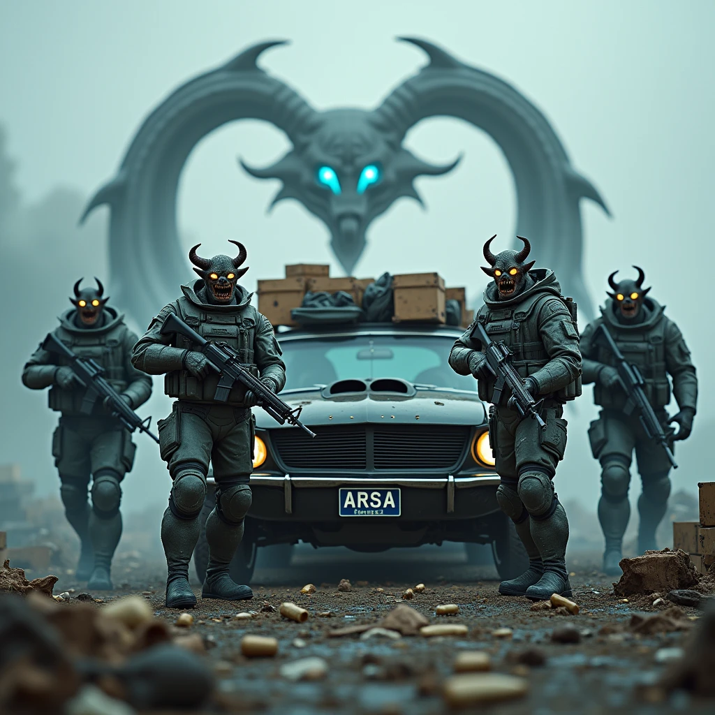 There are 4 different soldiers and all 4 soldiers looking like half demons standing in a battlefield holding different advance guns. Between the 4 soldiers there is a car loaded with ammunition and medkit and the number plate has "ARSA" written on it. In the background of image "ARSA" is written in demonic font and cold colours. There are death crates around the soldiers.
