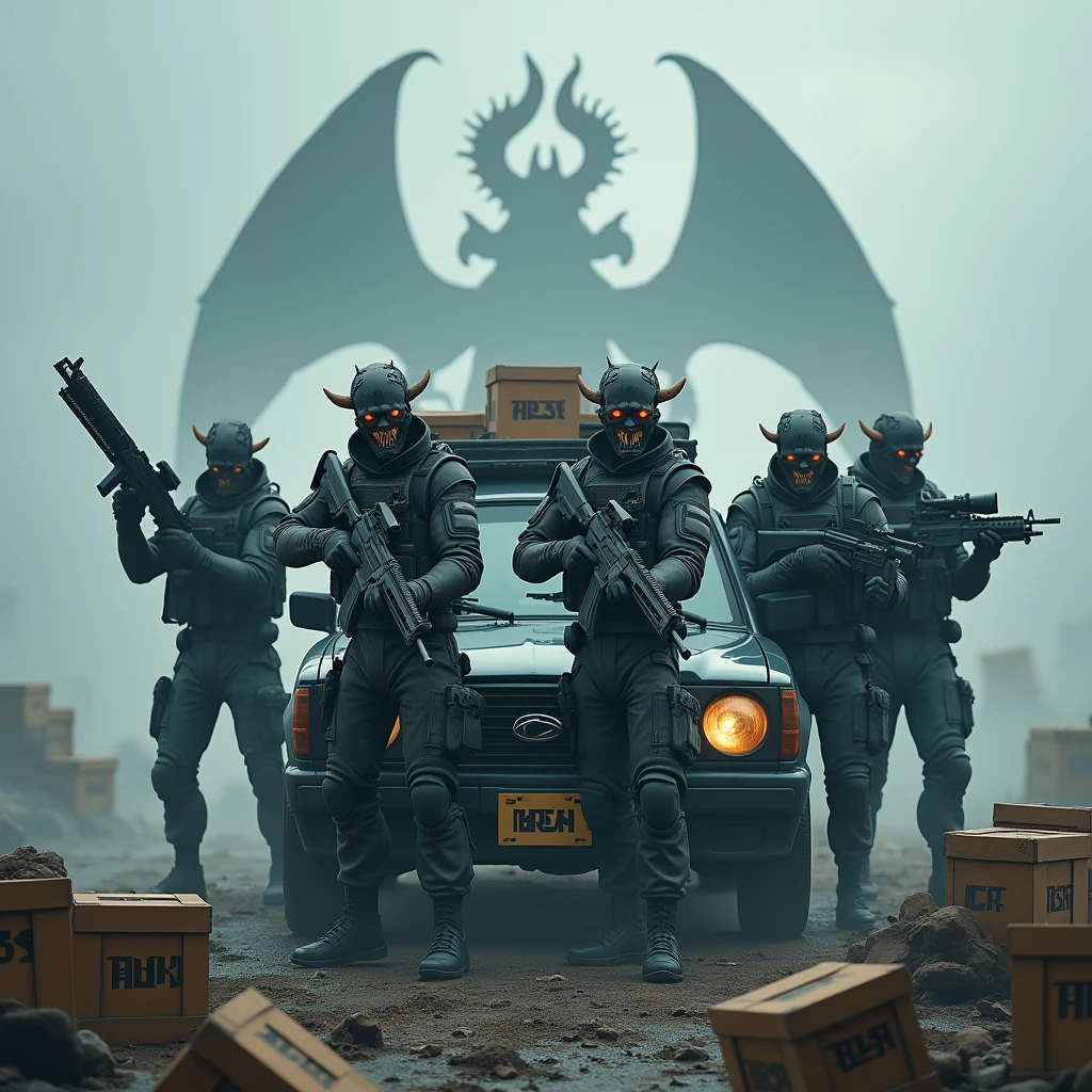 There are 4 different soldiers and all 4 soldiers looking like half demons standing in a battlefield holding different advance guns. Between the 4 soldiers there is a car loaded with ammunition and medkit and the number plate has "ARSA" written on it. In the background of image "ARSA" is written in demonic font and cold colours. There are death crates around the soldiers.