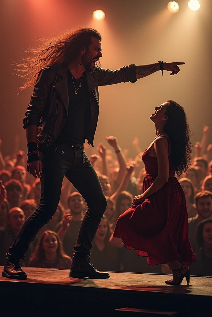 metalhead on stage, filled with rage, points an accusing finger towards a beautiful Spanish woman in the crowd. Crawling on the ground, she is the target of hate as the crowd watches in shock. The air is thick with tension, her sadness palpable amidst the chaos.