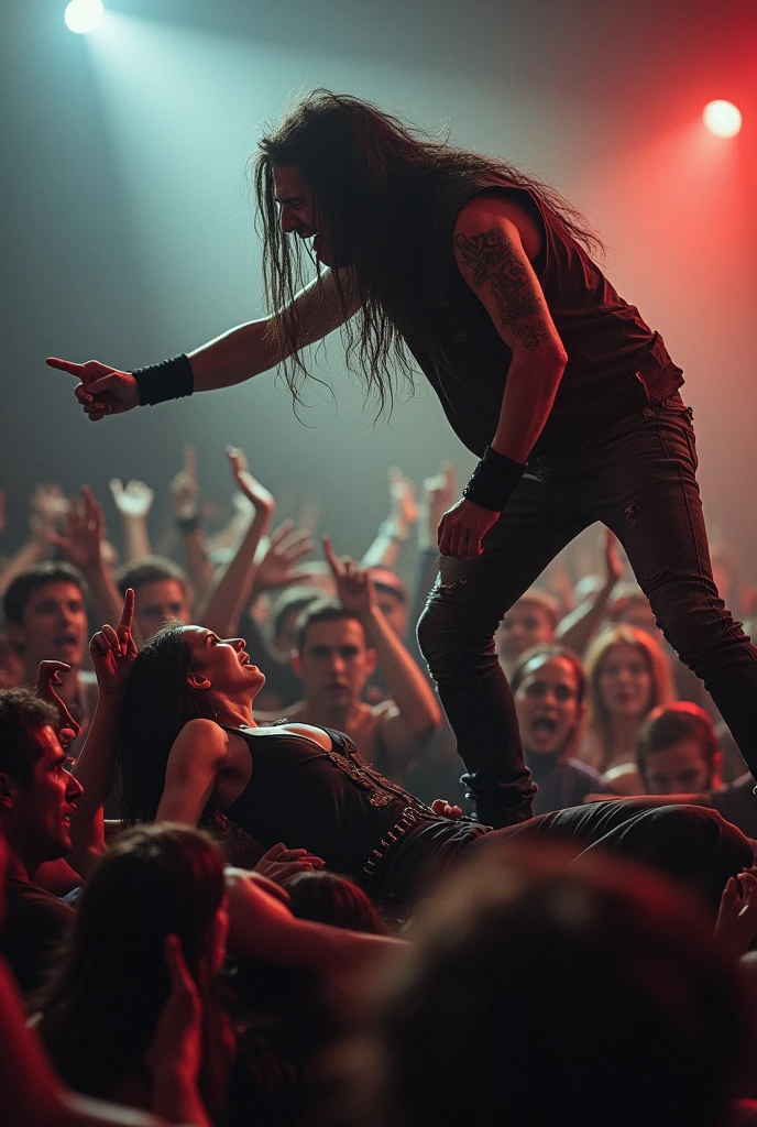 metalhead on stage, filled with rage, points an accusing finger towards a beautiful Spanish woman in the crowd. Crawling on the ground, she is the target of hate as the crowd watches in shock. The air is thick with tension, her sadness palpable amidst the chaos.