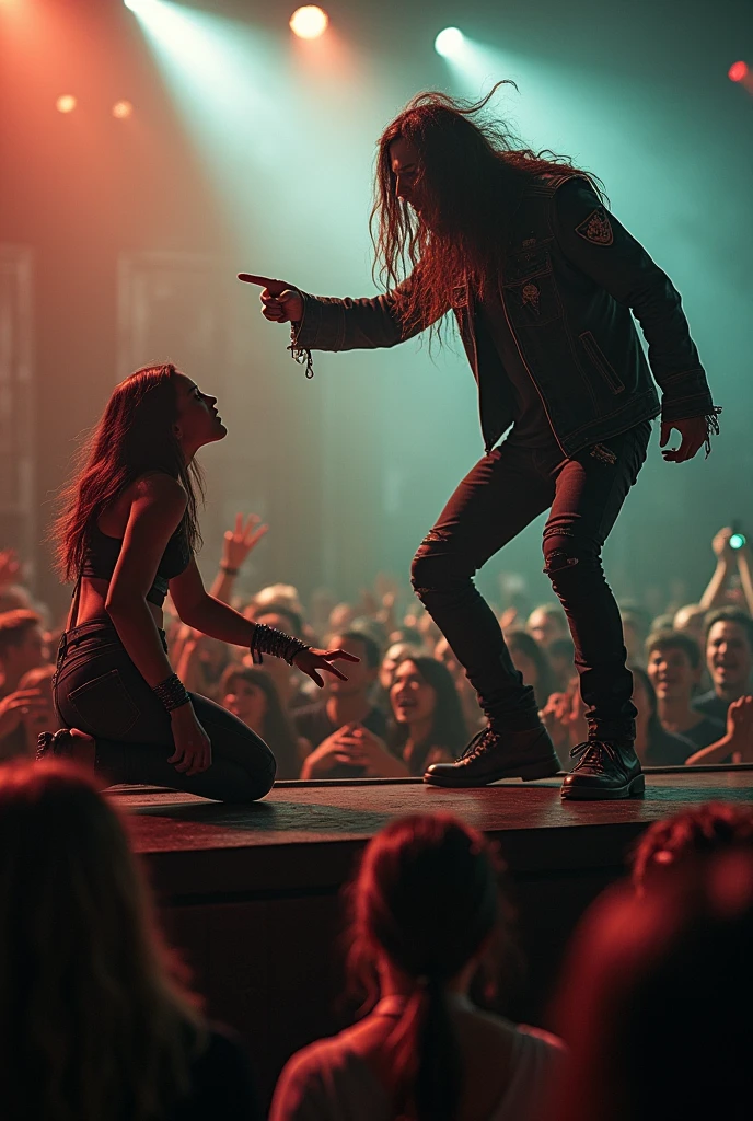 metalhead on stage, filled with rage, points an accusing finger towards a beautiful Spanish woman in the crowd. Crawling on the ground, she is the target of hate as the crowd watches in shock. The air is thick with tension, her sadness palpable amidst the chaos.