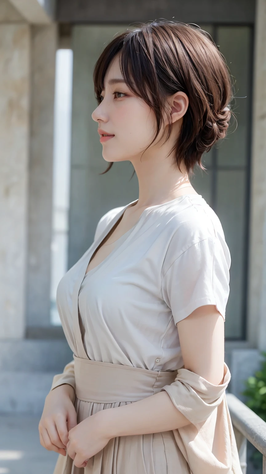 Realistic、masterpiece、Highest quality、Highest quality、8k、RAW Photos、Cinema Lighting、Strong sunlight、dazzling、little sweat、Very cute one、Short hair up to ear length、Brush your hair back、Moisturized hair、Her hair is swaying in the wind from the front.、Background seen from the road、Upper Body、Photo of your face、profile、Staring at the audience、Clothes to wear on a very hot day、Laughter、The depth of the written world、Wide Light、High Contrast、Shine、chromatic aberration、Sharp focus、Raw color photography