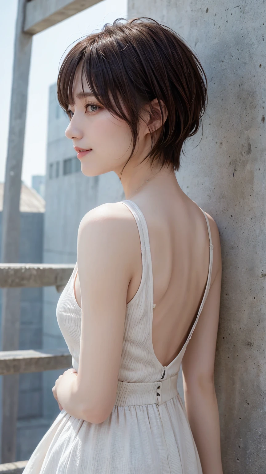 Realistic、masterpiece、Highest quality、Highest quality、8k、RAW Photos、Cinema Lighting、Strong sunlight、dazzling、little sweat、Very cute one、Short hair up to ear length、Brush your hair back、Moisturized hair、Her hair is swaying in the wind from the front.、Background seen from the road、Upper Body、Photo of your face、profile、Staring at the audience、Clothes to wear on a very hot day、Laughter、The depth of the written world、Wide Light、High Contrast、Shine、chromatic aberration、Sharp focus、Raw color photography