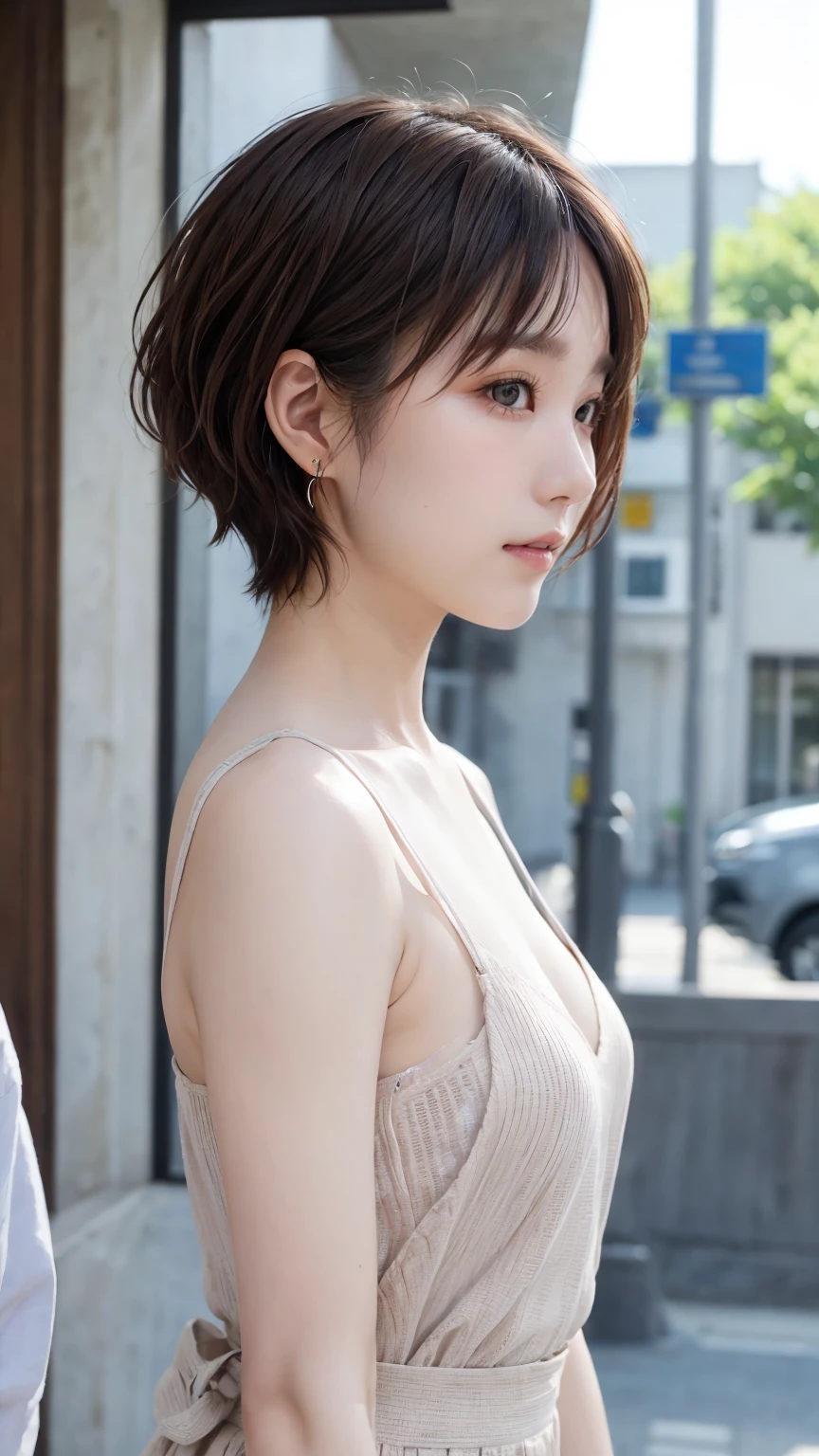 Realistic、masterpiece、Highest quality、Highest quality、8k、RAW Photos、Cinema Lighting、Strong sunlight、dazzling、little sweat、Very cute one、Short hair up to ear length、Brush your hair back、Moisturized hair、Her hair is swaying in the wind from the front.、Background seen from the road、Upper Body、Photo of your face、profile、Staring at the audience、Clothes to wear on a very hot day、Laughter、The depth of the written world、Wide Light、High Contrast、Shine、chromatic aberration、Sharp focus、Raw color photography