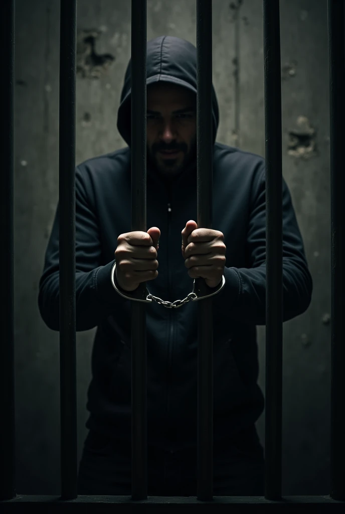 image of a man trapped behind bars, in a prison, with handcuffs, that the face does not appear, vertical image