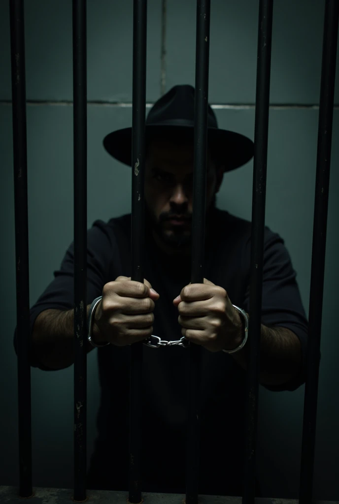 image of a man trapped behind bars, in a prison, with handcuffs, that the face does not appear, vertical image