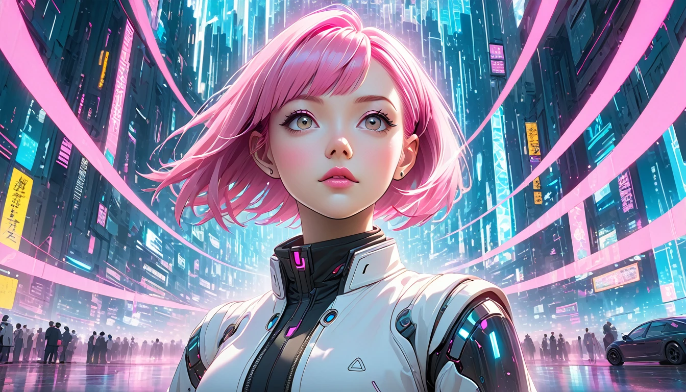 cyberpunk, pink hair, of the future, Surrealism, ultra wide angle, wide angle lens, look up, dynamic movement, express, businesslike, Sacred Edge, laser hologram