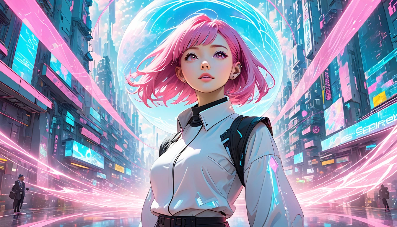 cyberpunk, pink hair, of the future, Surrealism, ultra wide angle, wide angle lens, look up, dynamic movement, express, businesslike, Sacred Edge, laser hologram