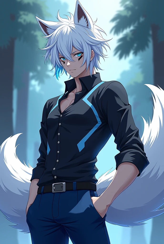 He is a boy, that looks like an alpha fox hybrid ,has a dominant and attractive appearance. His expression is cold and serious.. Has a mesomorph body.Her hair is white and has few curls. , She has light blue strands in her hair , Her eyes are a pastel blue color. The clothing is a black shirt with light blue , his navy blue pants. He has a calm look. That it has a theme of the anime my Hero academy. It has two furry fox tails on the back and also has light blue locks..He has black cat-like markings on his face.. Half of his legs and arms from the elbow down are wolf fur.. It has a medium size.