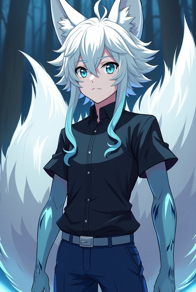 He is a boy, that looks like an alpha fox hybrid ,has a dominant and attractive appearance. His expression is cold and serious.. Has a mesomorph body.Her hair is white and has few curls. , She has light blue strands in her hair , Her eyes are a pastel blue color. The clothing is a black shirt with light blue , his navy blue pants. He has a calm look. That it has a theme of the anime my Hero academy. It has two furry fox tails on the back and also has light blue locks..He has black cat-like markings on his face.. Half of his legs and arms from the elbow down are wolf fur.. It has a medium size.