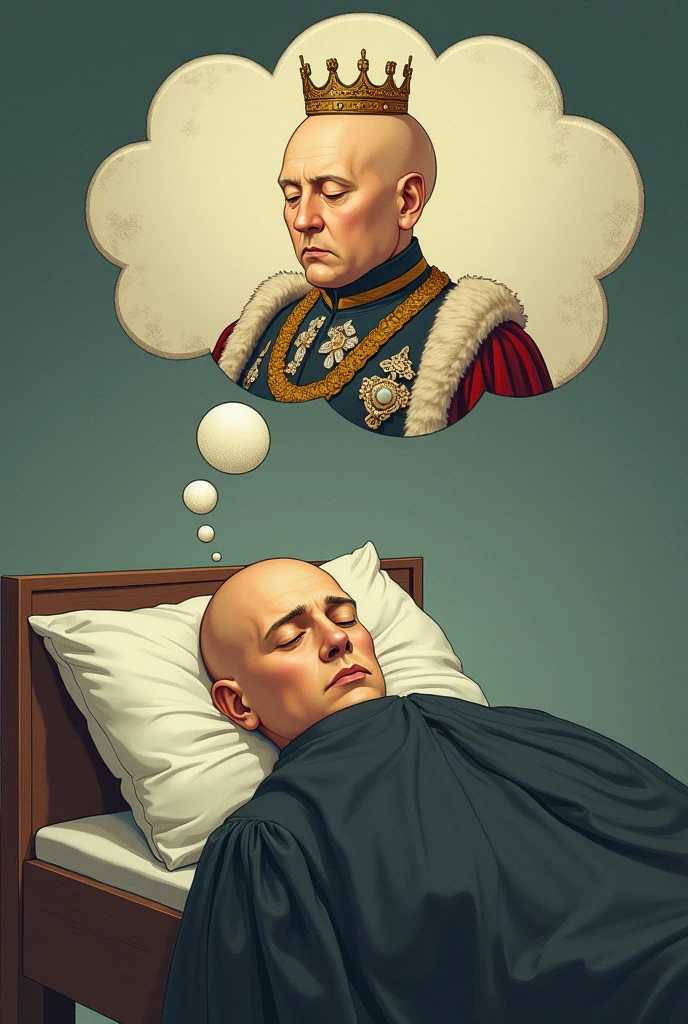 juiz do supremo tribunal federal careca com uma cabeça de ovo dormindo e sonhando com um balão 💬 saindo de sua cabeça indicando a imagem do sonho, the dream image is him being a king, This balloon king is also bald like him