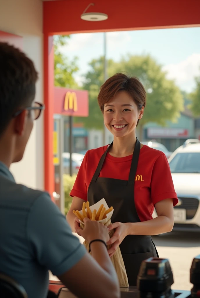 Context: A sunny day at the McDonald's drive-thru.
Character: A 50-year-old woman with short-cropped brown hair, wearing McDonald's uniform: a red T-shirt and black apron. Her features should be realistic and natural, without excessive stylization.
Action: She holds a bag full of orders outwards with a genuine smile, making sure her expression is natural and believable.
Additional details: Include realistic elements such as a drive-thru background, a visible car, and daylight details to add realism.
Style: Realistic, photo realistic, with attention to detail and character authenticity, real life not pixard or disney style

