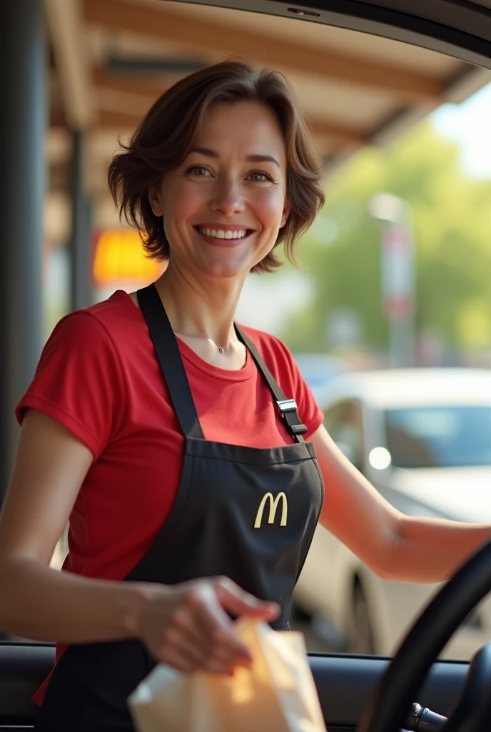 Context: A sunny day at the McDonald's drive-thru.
Character: A 50-year-old woman with short-cropped brown hair, wearing McDonald's uniform: a red T-shirt and black apron. Her features should be realistic and natural, without excessive stylization.
Action: She holds a bag full of orders outwards with a genuine smile, making sure her expression is natural and believable.
Additional details: Include realistic elements such as a drive-thru background, a visible car, and daylight details to add realism.
Style: Realistic, photo realistic, with attention to detail and character authenticity, real life not pixard or disney style
