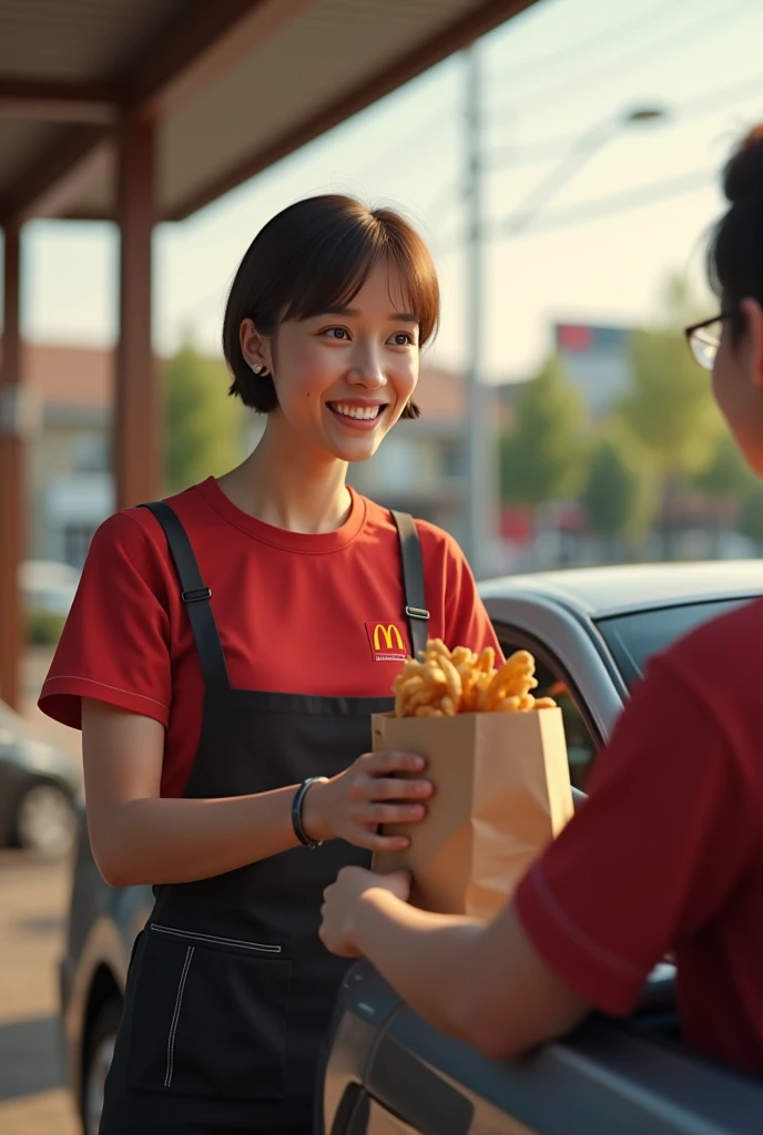 Context: A sunny day at the McDonald's drive-thru.
Character: A 50-year-old woman with short-cropped brown hair, wearing McDonald's uniform: a red T-shirt and black apron. Her features should be realistic and natural, without excessive stylization.
Action: She holds a bag full of orders outwards with a genuine smile, making sure her expression is natural and believable.
Additional details: Include realistic elements such as a drive-thru background, a visible car, and daylight details to add realism.
Style: Realistic, photo realistic, with attention to detail and character authenticity, real life not pixard or disney style