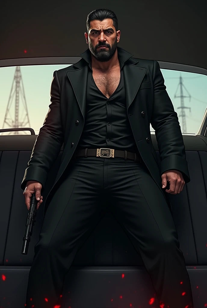 man of 40 years old,black costume,inside the car、mafia、Tall man、Squat with your legs apart、I have an erection、The crotch area of the pants is protruding,Logic,homosexual ,really short hair、、stubbles,Iraqis face,Hermes belt。blackstockings、Equipped with a weapon、Screaming under attack、painful face