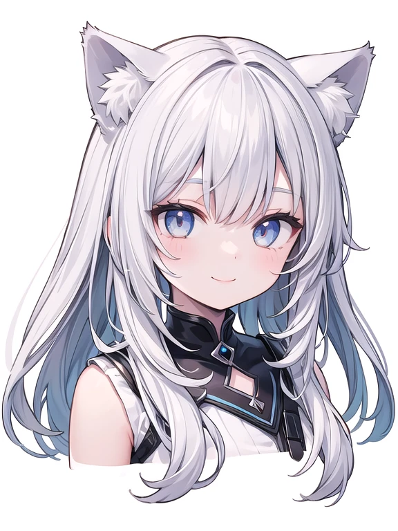1 girl, cat ears, cat tail, long hair , simple line art in black ink on a white background,Full-body portrait, smile, detailed eyes, detailed face, full body detailed