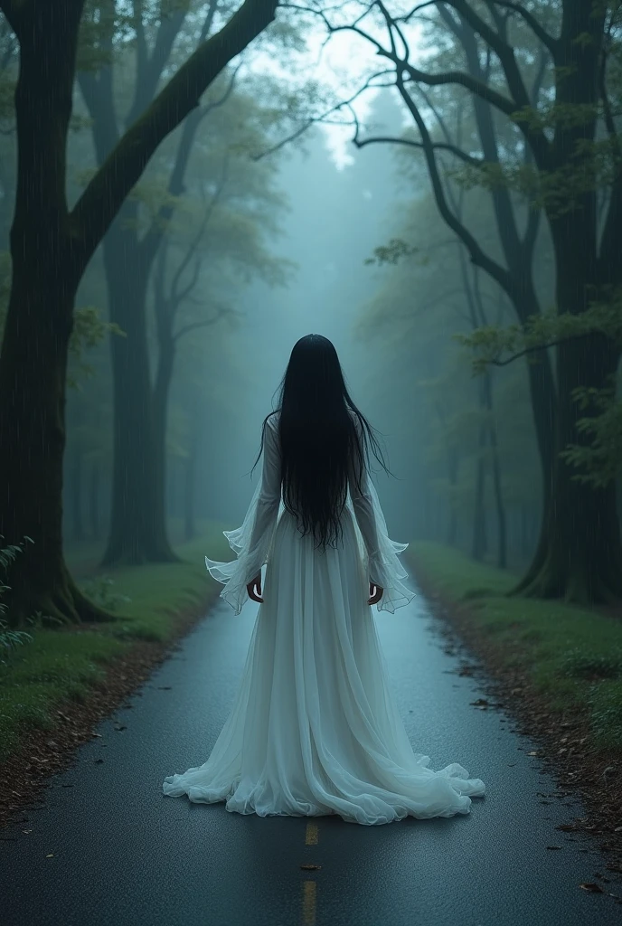 Make the dark spirit of a woman in white with black hair, wandering along a deserted road surrounded by dense forest, in rainy weather