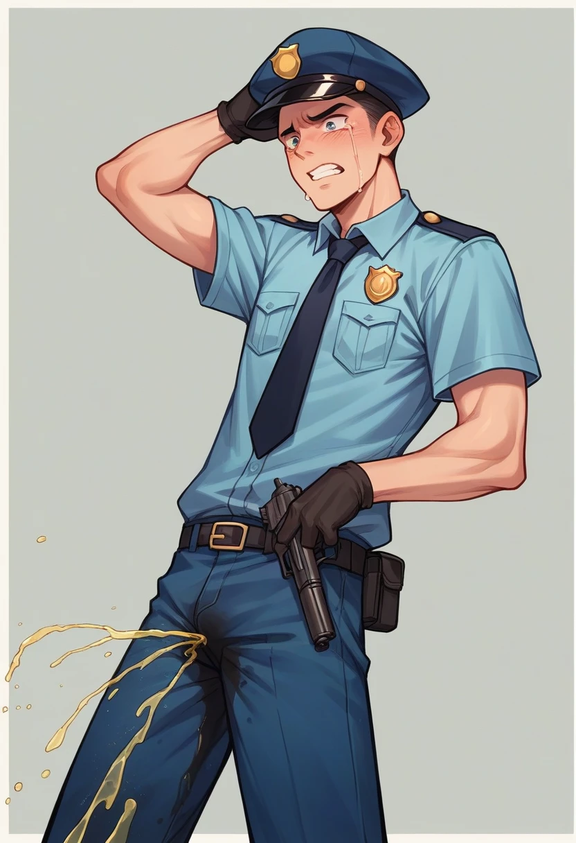 In the morning city, young slender and mascular police man is peeing himself. There is a large pee wet spot on his pants. Pee stain on his pants. Pee wet spot on his crotch. He is threatened by gun. He is ashamed of himself. He is crying.