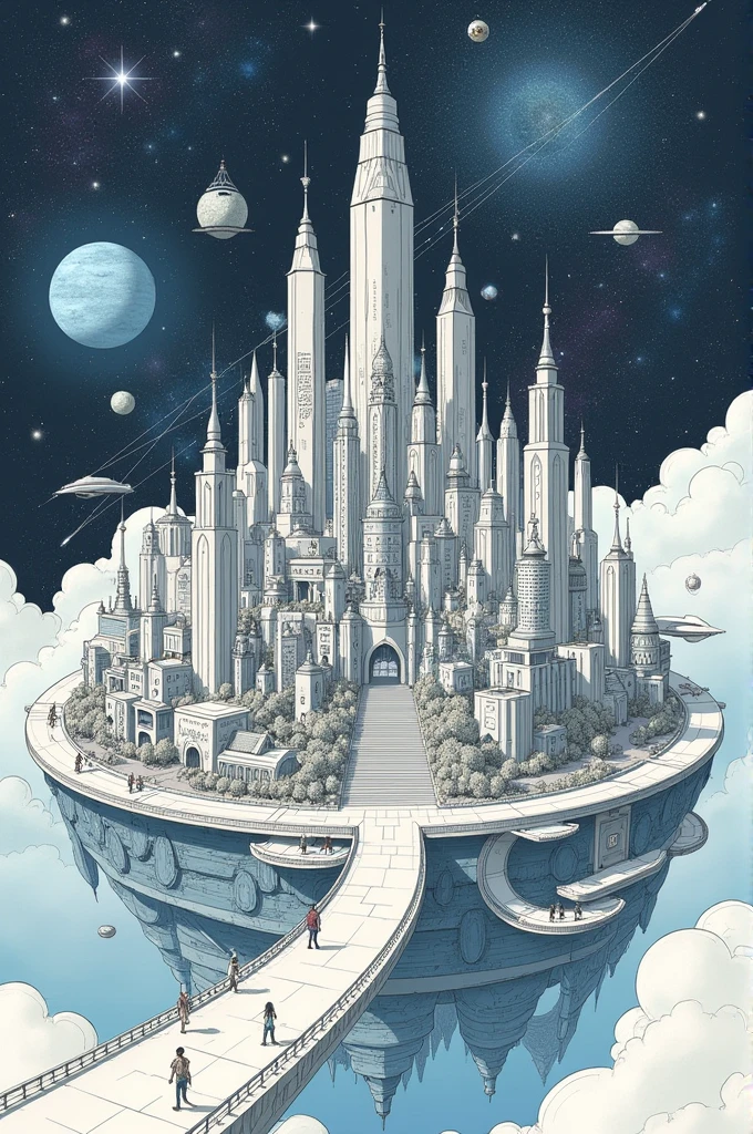 Draw a city on the constellation of the zodiac sign Aquarius, with streets that are drawn in a simple pencil 