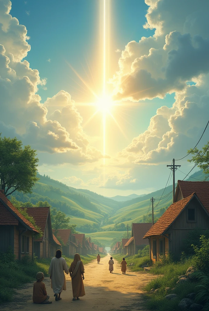 - A serene scene with the sun shining through the clouds over the village, symbolizing divine mercy and blessings.