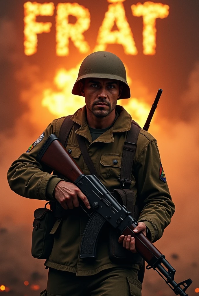 Brazilian soldier from World War II holding a STG 44 gun and above it written frat in capital letters on fire 