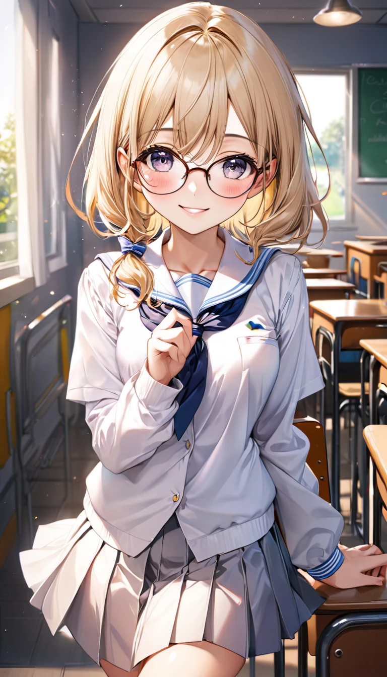 (masterpiece, best quality, high resolution:1.4), 1girl, mirabel madrigal, (school uniform:1.2) glasses, smile, looking at viewer,