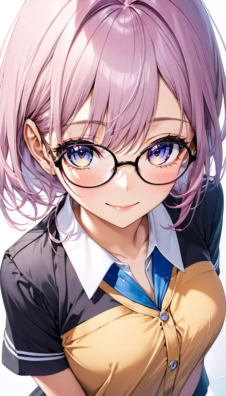 (masterpiece, best quality, high resolution:1.4), 1girl, mirabel madrigal, (school uniform:1.2) glasses, smile, looking at viewer,