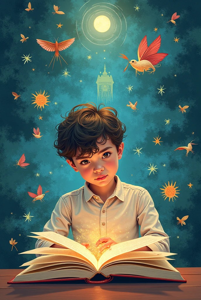 Illustration of a person immersed in a book, with an imaginary world that emerges from the pages of a book. Imaginary pictures that are easier to draw