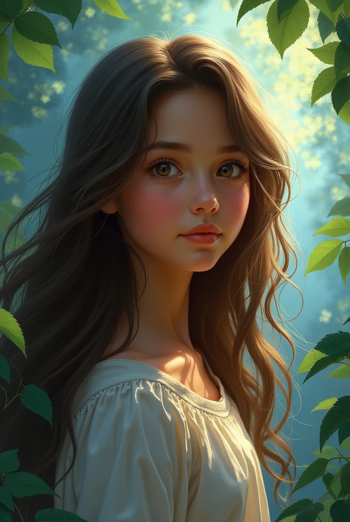 Create an image of a girl in a forest. Her brown skin shines subtly under the soft blue light of the environment that filters through the leaves.. Her brown hair, long and wavy, cascades over her shoulders to her waist, gently moving in the breeze. Her brown eyes reflect a sparkle of curiosity and courage..