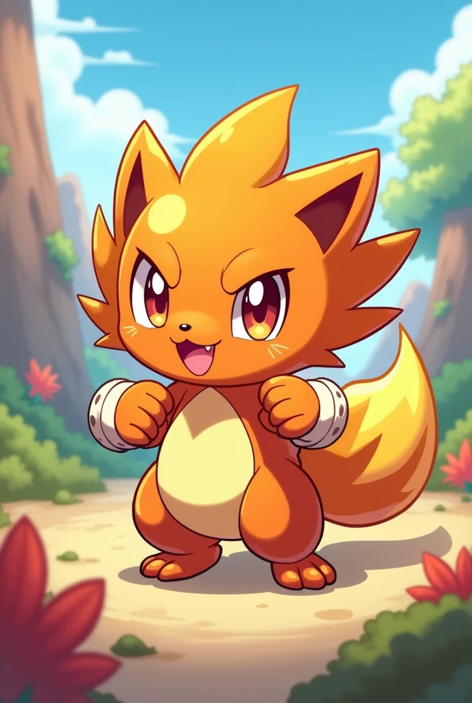create a fire and fighting type litte pokemon in cartoon style
