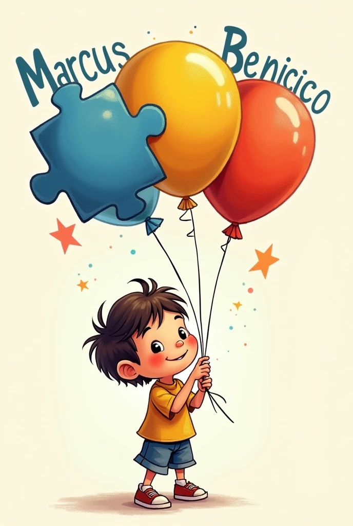 A picture of a cartoon child holding balloons, and these balloons are colored with blue puzzle shapes, amarelo e rot (autism symbol), and that has a well-drawn name in the background Marcus Benicio, with the balloons being formed by the puzzles, rot, yellow and blue
