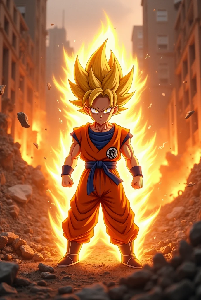 A super saiyan boy in a fire earthquake