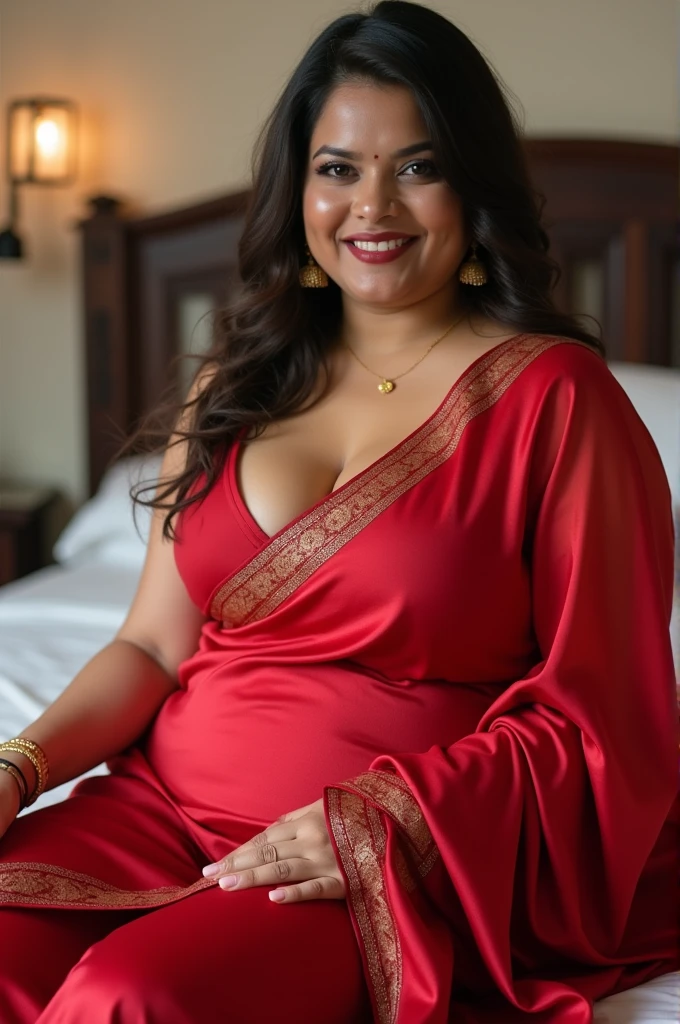 A Hot chubby woman of age 30 of big  and big ass and thick thighs in red saree of Indian style with hot cleavage and smiling seductive with background of bed in sitting pose 
Fucking with boy in bed with doggy style and different style in half saree and make video of min 2 minutes with 2 minute with moaning sound also 