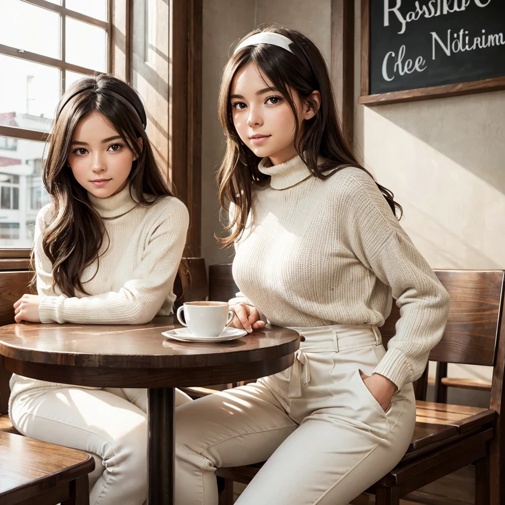 Sitting at a cozy cafe table in the morning sun、Illustration of a young and beautiful German woman facing forward(Portrait)Please make it in anime style.。Waist-length wavy black hair、She is wearing a simple white headband。White high neck(turtleneck)On a full sleeve of、Wear black high waisted pants。The morning sunlight gently illuminates the cafe.、Creating a warm and comfortable atmosphere around her。"