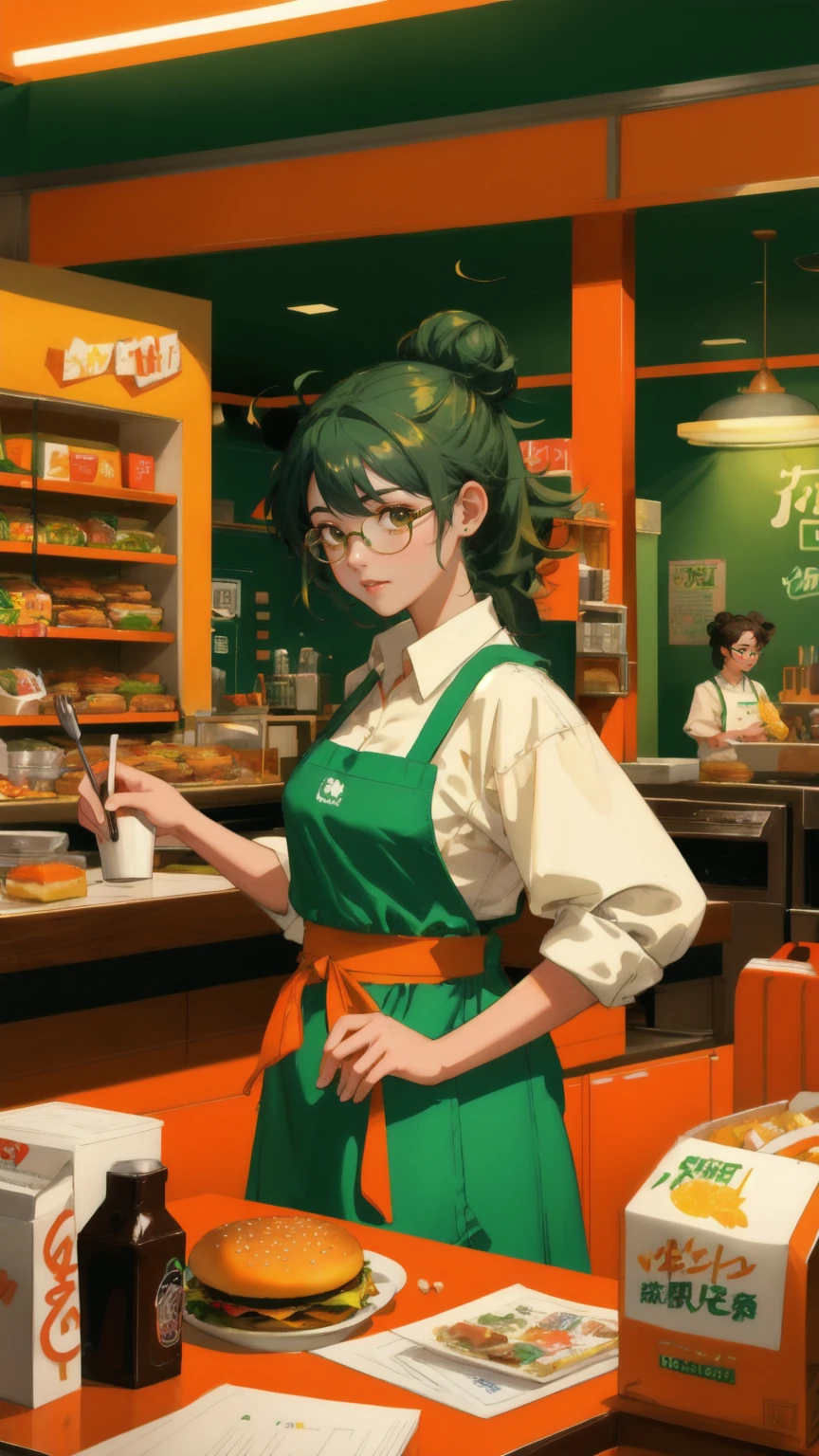 A chaotic fast-food kitchen scene with a green background. A stressed-out anime girl with messy hair and glasses, wearing a white shirt and green apron, stands behind a counter. She's leaning back with her arms outstretched, one hand holding a coffee cup on a saucer. Above her, burgers, buns, and food items explode in mid-air. Light bulbs hang from the ceiling. The counter is orange with various food items scattered on it. Behind her are shelves with kitchen equipment and food containers. The style is detailed comic book art with a limited color palette of greens, oranges, and yellows. The scene conveys a sense of overwhelm and chaos in a busy fast-food environment