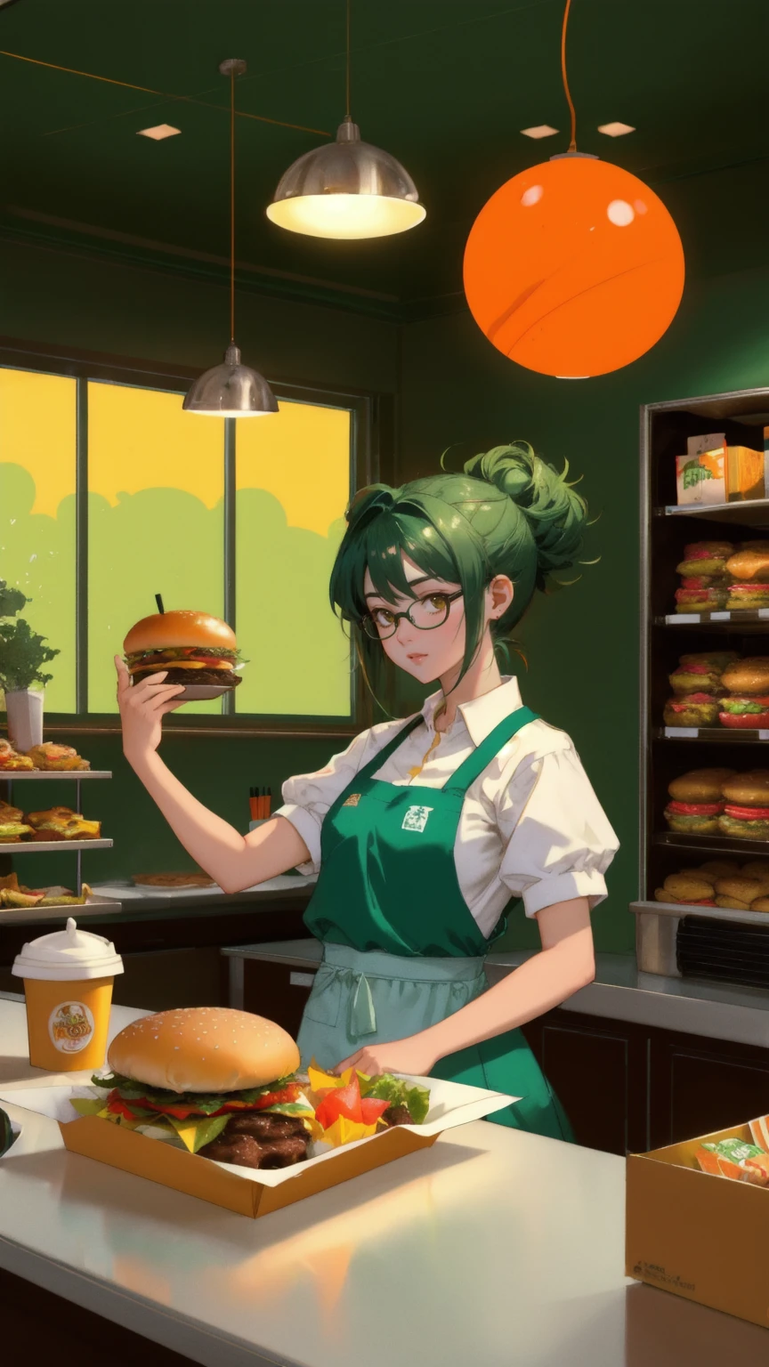 A chaotic fast-food kitchen scene with a green background. A stressed-out anime girl with messy hair and glasses, wearing a white shirt and green apron, stands behind a counter. She's leaning back with her arms outstretched, one hand holding a coffee cup on a saucer. Above her, burgers, buns, and food items explode in mid-air. Light bulbs hang from the ceiling. The counter is orange with various food items scattered on it. Behind her are shelves with kitchen equipment and food containers. The style is detailed comic book art with a limited color palette of greens, oranges, and yellows. The scene conveys a sense of overwhelm and chaos in a busy fast-food environment