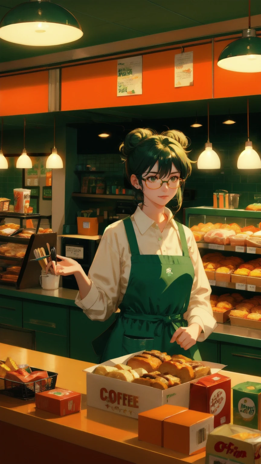 A chaotic fast-food kitchen scene with a green background. A stressed-out anime girl with messy hair and glasses, wearing a white shirt and green apron, stands behind a counter. She's leaning back with her arms outstretched, one hand holding a coffee cup on a saucer. Above her, burgers, buns, and food items explode in mid-air. Light bulbs hang from the ceiling. The counter is orange with various food items scattered on it. Behind her are shelves with kitchen equipment and food containers. The style is detailed comic book art with a limited color palette of greens, oranges, and yellows. The scene conveys a sense of overwhelm and chaos in a busy fast-food environment