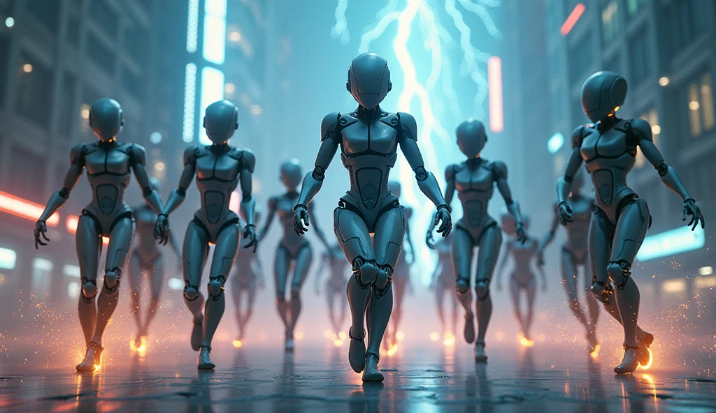 (Ultra detailed), cyberpunk, lightning, particles, robots, shot from above, A group of robots is dancing.