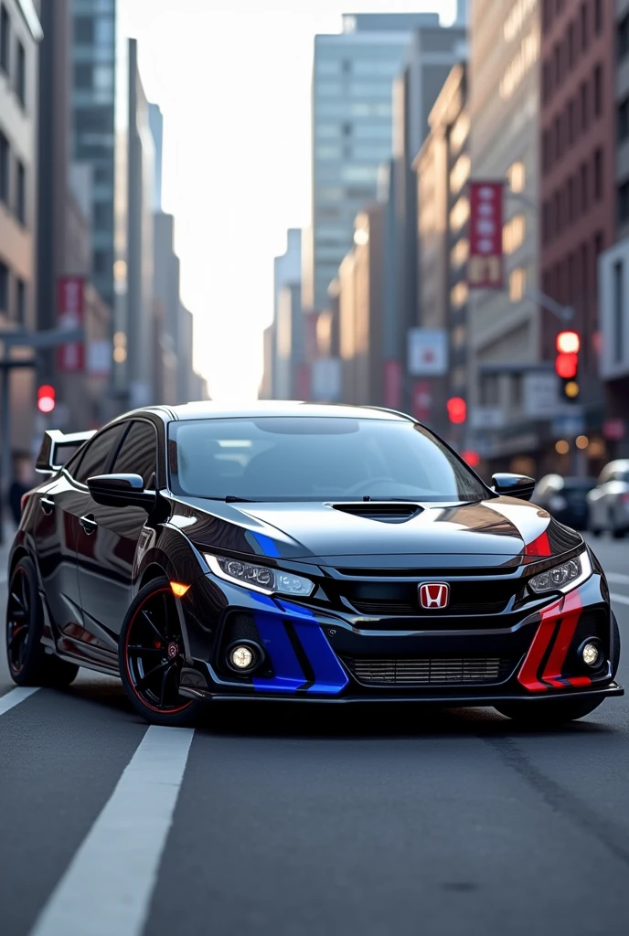 Black civic 8th gen with blue and red stripes 