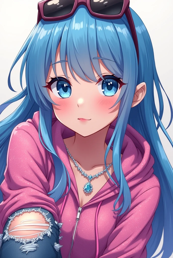 A beautiful  anime girl  with  blue  eyes . She has long blue hair . She is wearing a pink glittery hoodie. She is wearing ripped jeans . She has sunglasses on her forehead.  She has a diamond necklace.  