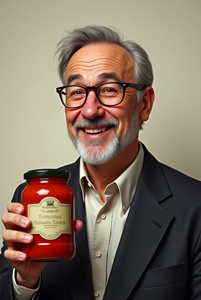 a jewish man with glasses juliete funkeiro, but instead of money he shows off tomato sauce