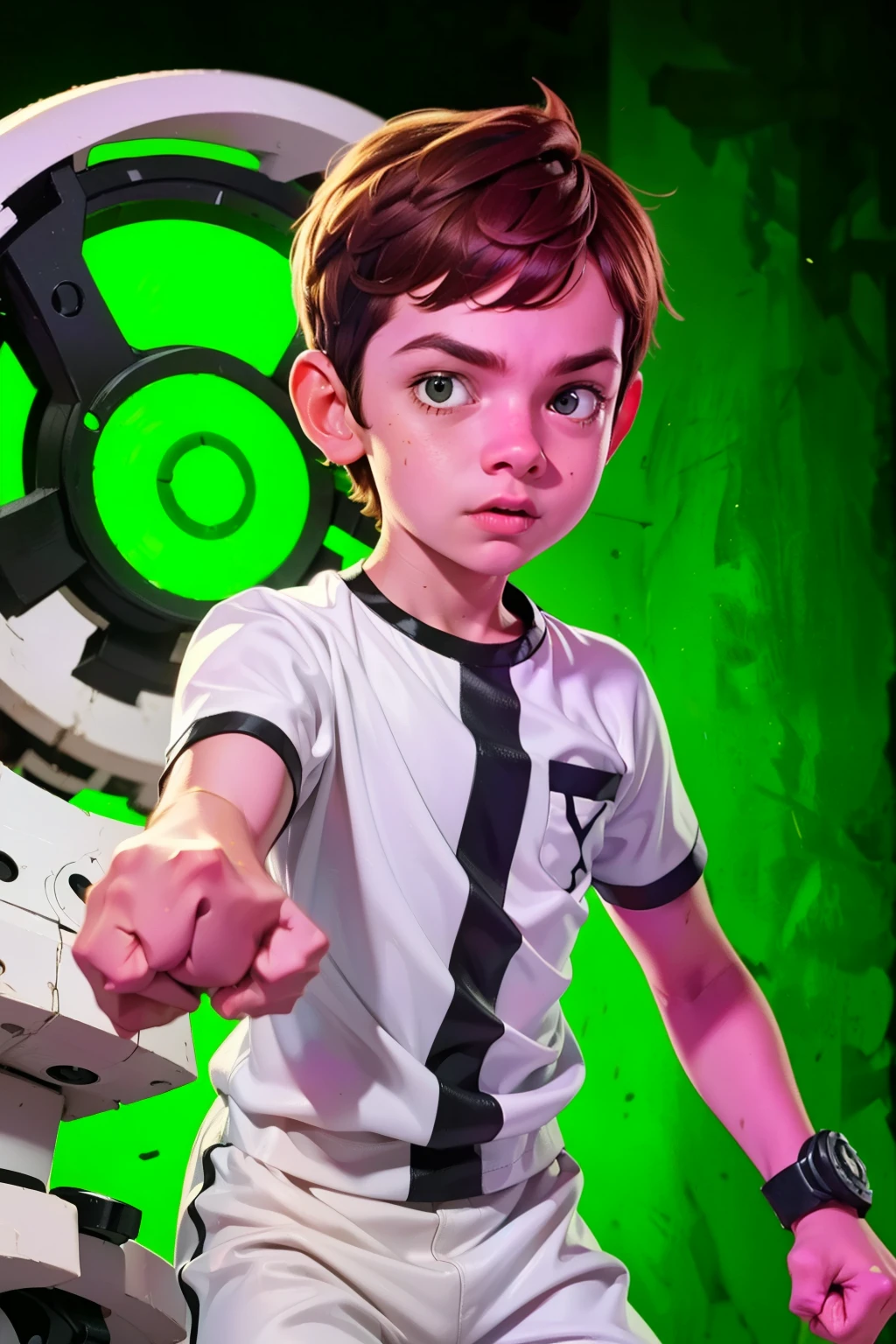 Movie poster, Ben 10 ((A child, 4yo ))), ((wearing a white outfit with black stripe in the center, showing fist. Machine on arm. Action facial expression )) . highy detailed, face detailed, realisitic, cinematic lighting, studio quality, proffesional, face detailed, intrikate, bright coloured. ((abstract background)).