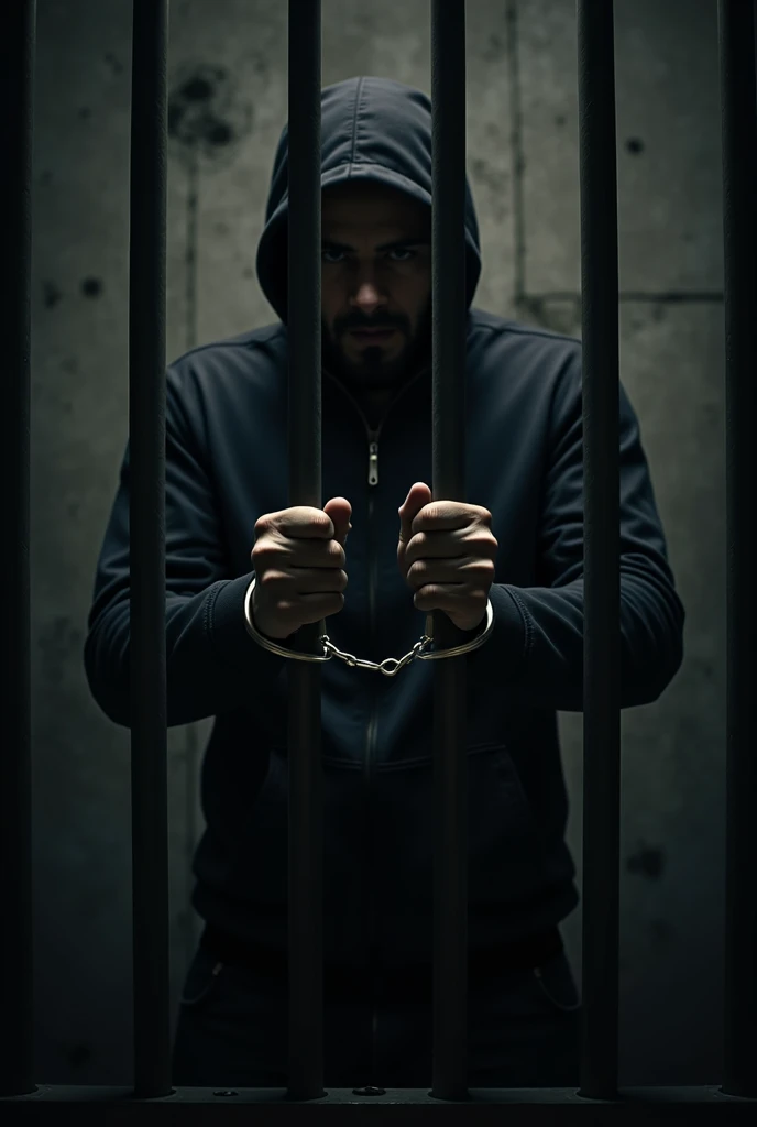 image of a man trapped behind bars, in a prison, with handcuffs, that the face does not appear, vertical image