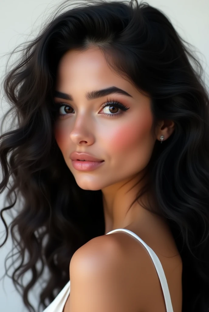 Beautiful fair color women realisian, long black curly hair, black eyes, black round eyebrows, broad nose , chubby blushing chicks photo in white background