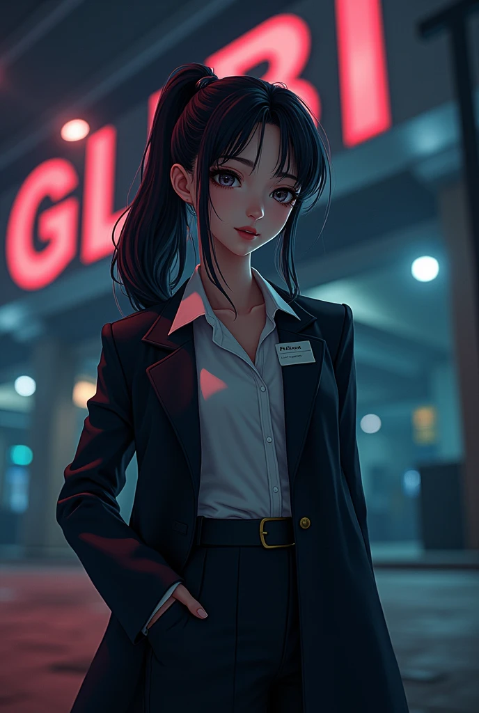 Create anime character;
{background: capital HD text: “GLBK” in center-top, night}, white skin,
realistic, HDR, beautiful, donghua style, full body, age 20, office clothes, name card: “CICI”, female, black hair, long hair, pony hair, like mafia
